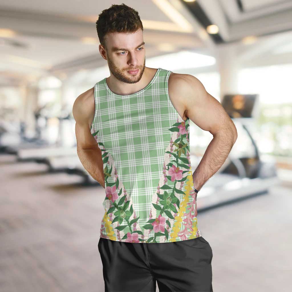 Hawaii Pikake Lokelani Plumeria Lei Men Tank Top Green Palaka Motifs