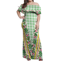 Hawaii Pikake Lokelani Plumeria Lei Off Shoulder Maxi Dress Green Palaka Motifs