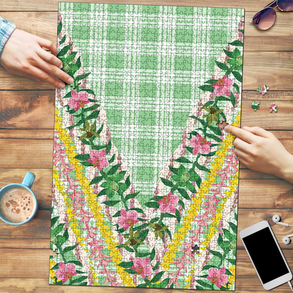 Hawaii Pikake Lokelani Plumeria Lei Puzzle Green Palaka Motifs LT05 Green - Polynesian Pride