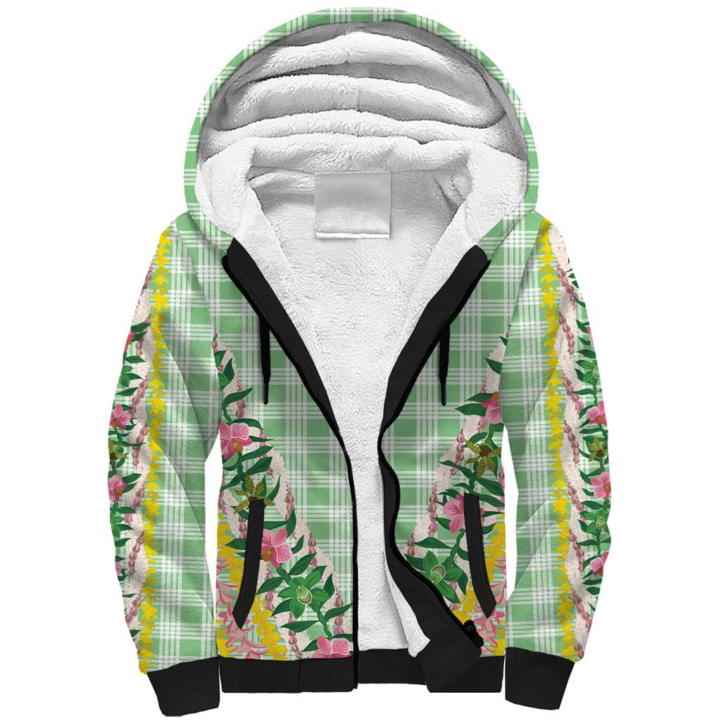 Hawaii Pikake Lokelani Plumeria Lei Sherpa Hoodie Green Palaka Motifs