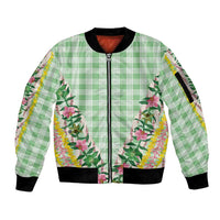 Hawaii Pikake Lokelani Plumeria Lei Sleeve Zip Bomber Jacket Green Palaka Motifs