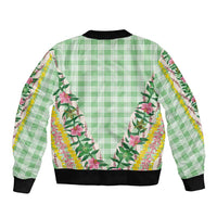 Hawaii Pikake Lokelani Plumeria Lei Sleeve Zip Bomber Jacket Green Palaka Motifs