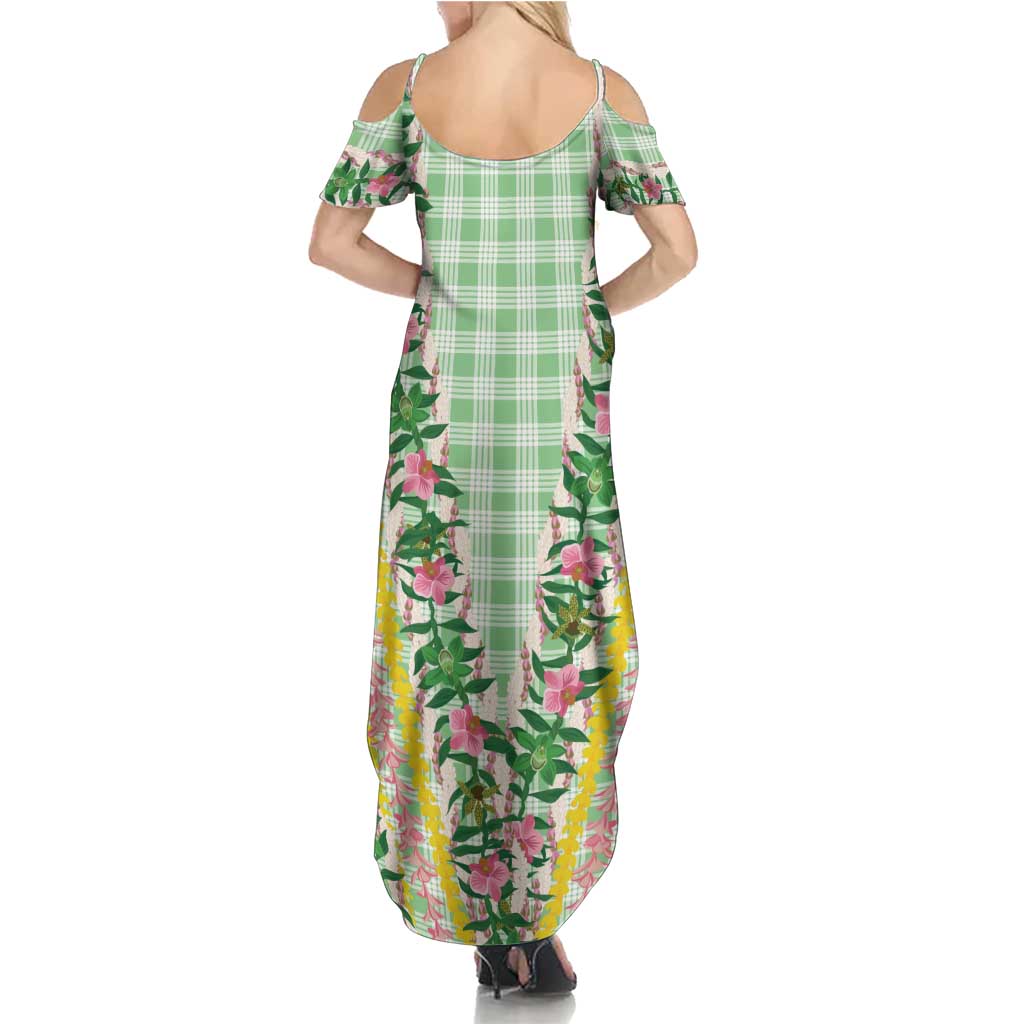 Hawaii Pikake Lokelani Plumeria Lei Summer Maxi Dress Green Palaka Motifs