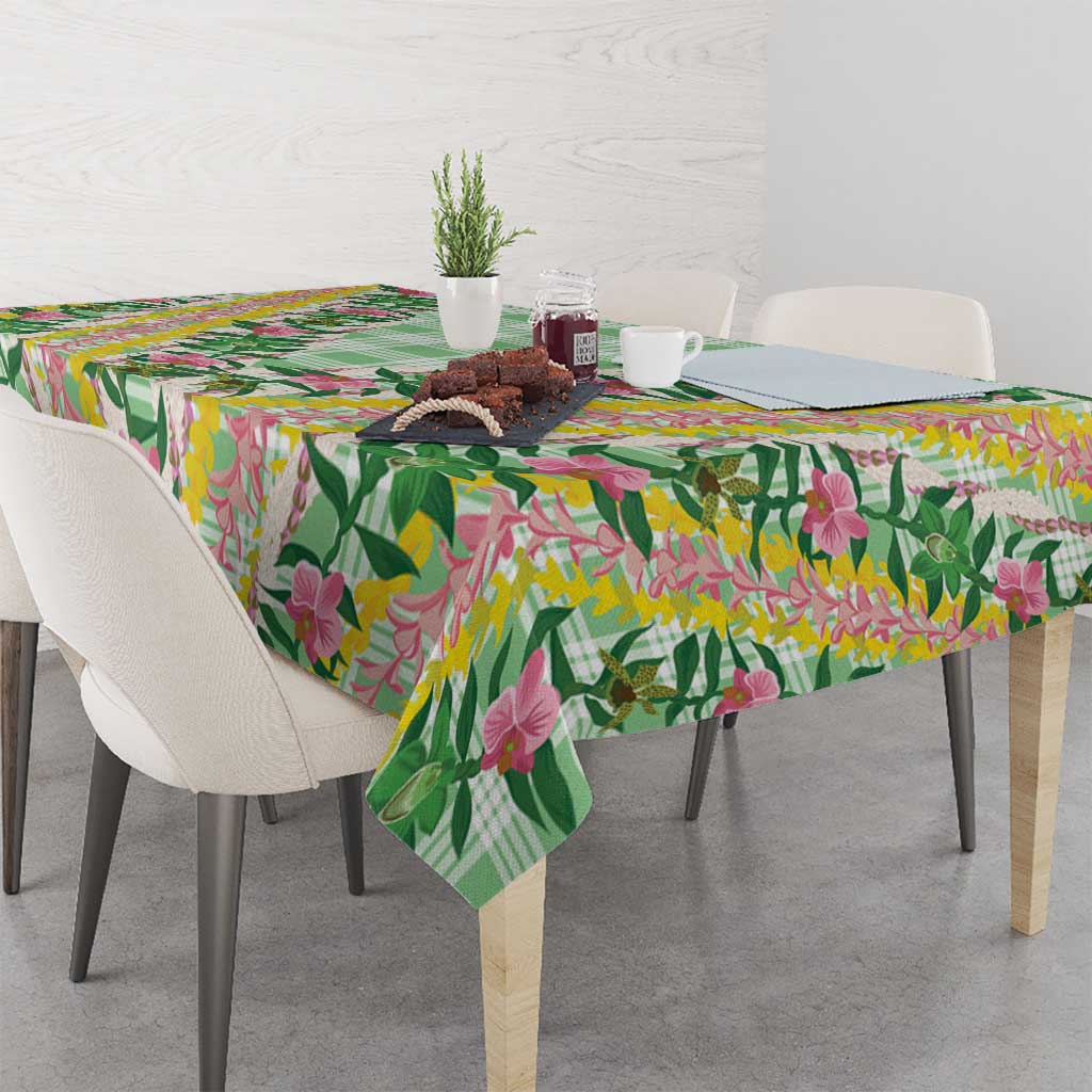 Hawaii Pikake Lokelani Plumeria Lei Tablecloth Green Palaka Motifs LT05 - Polynesian Pride