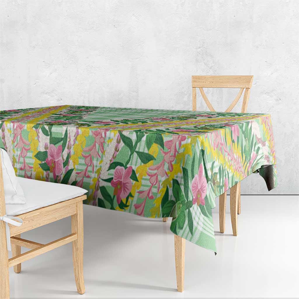 Hawaii Pikake Lokelani Plumeria Lei Tablecloth Green Palaka Motifs LT05 - Polynesian Pride