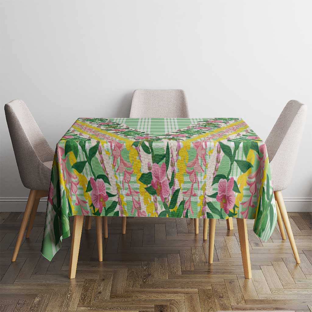 Hawaii Pikake Lokelani Plumeria Lei Tablecloth Green Palaka Motifs LT05 - Polynesian Pride