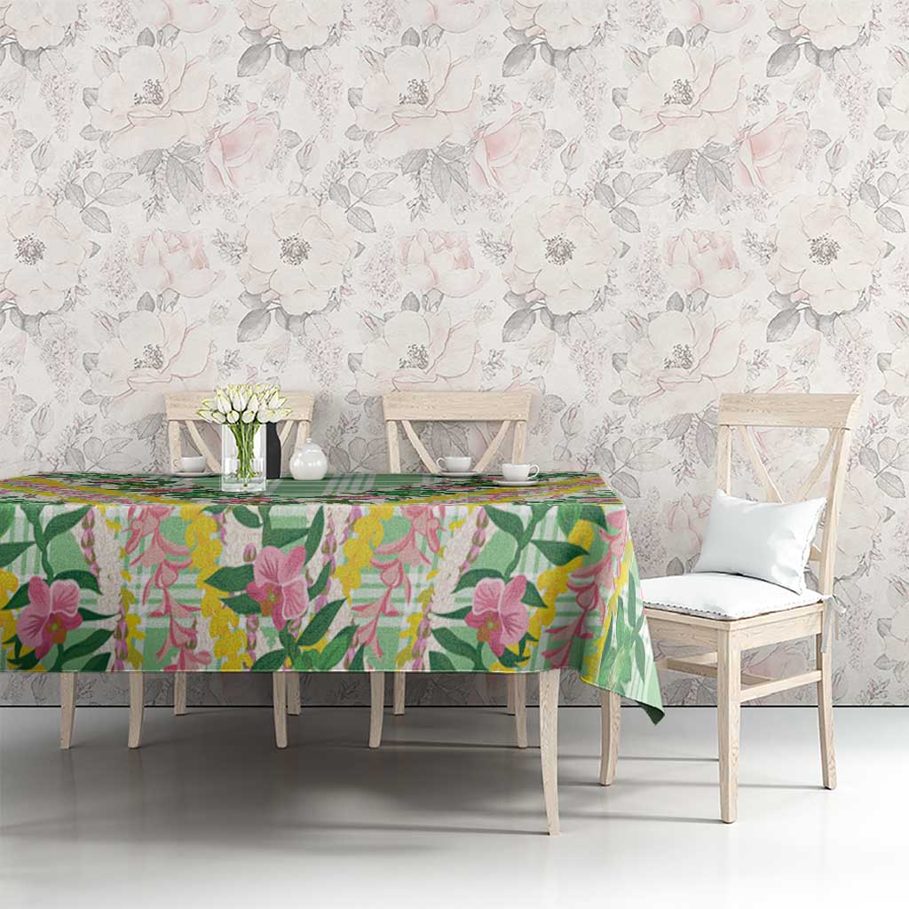 Hawaii Pikake Lokelani Plumeria Lei Tablecloth Green Palaka Motifs LT05 - Polynesian Pride