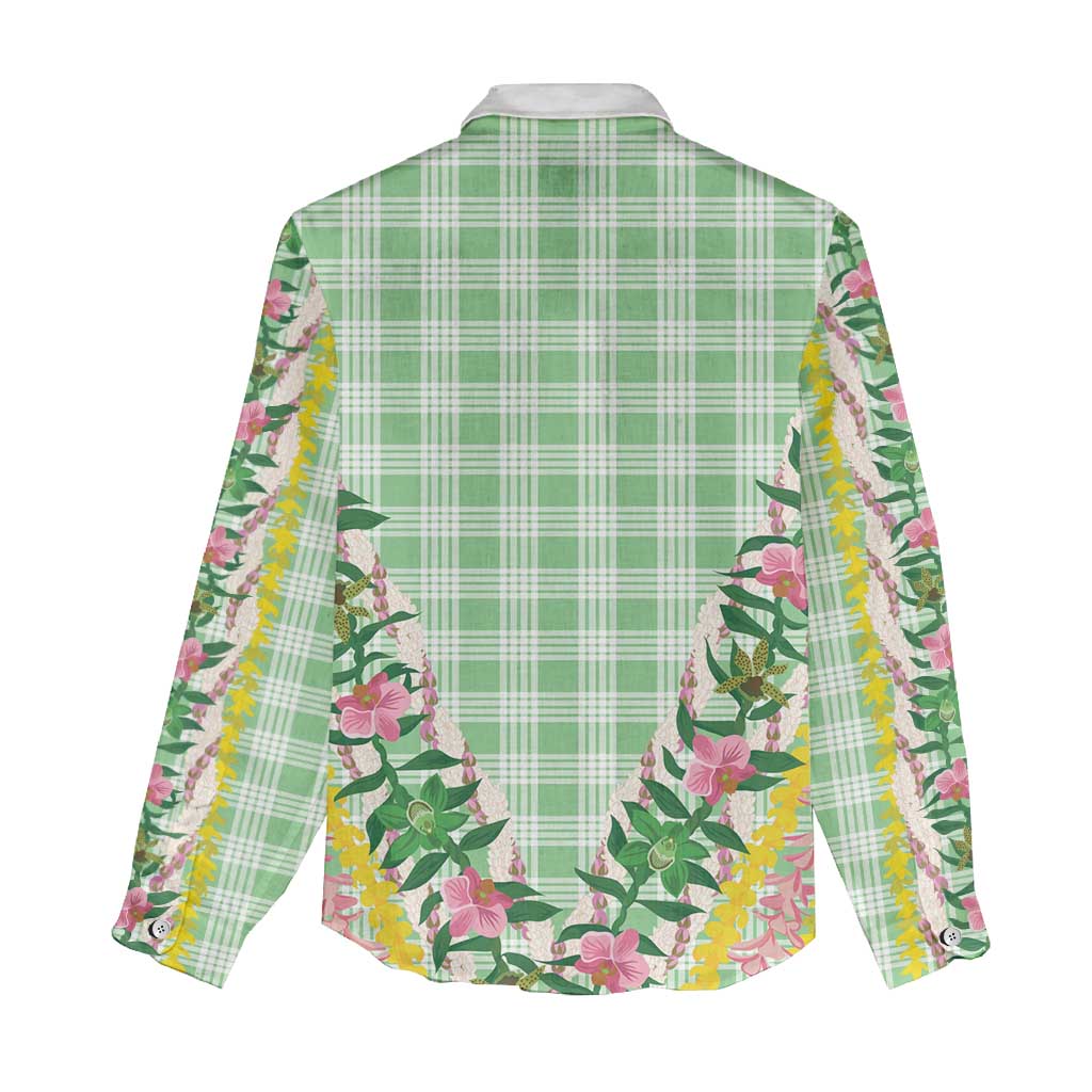 Hawaii Pikake Lokelani Plumeria Lei Women Casual Shirt Green Palaka Motifs