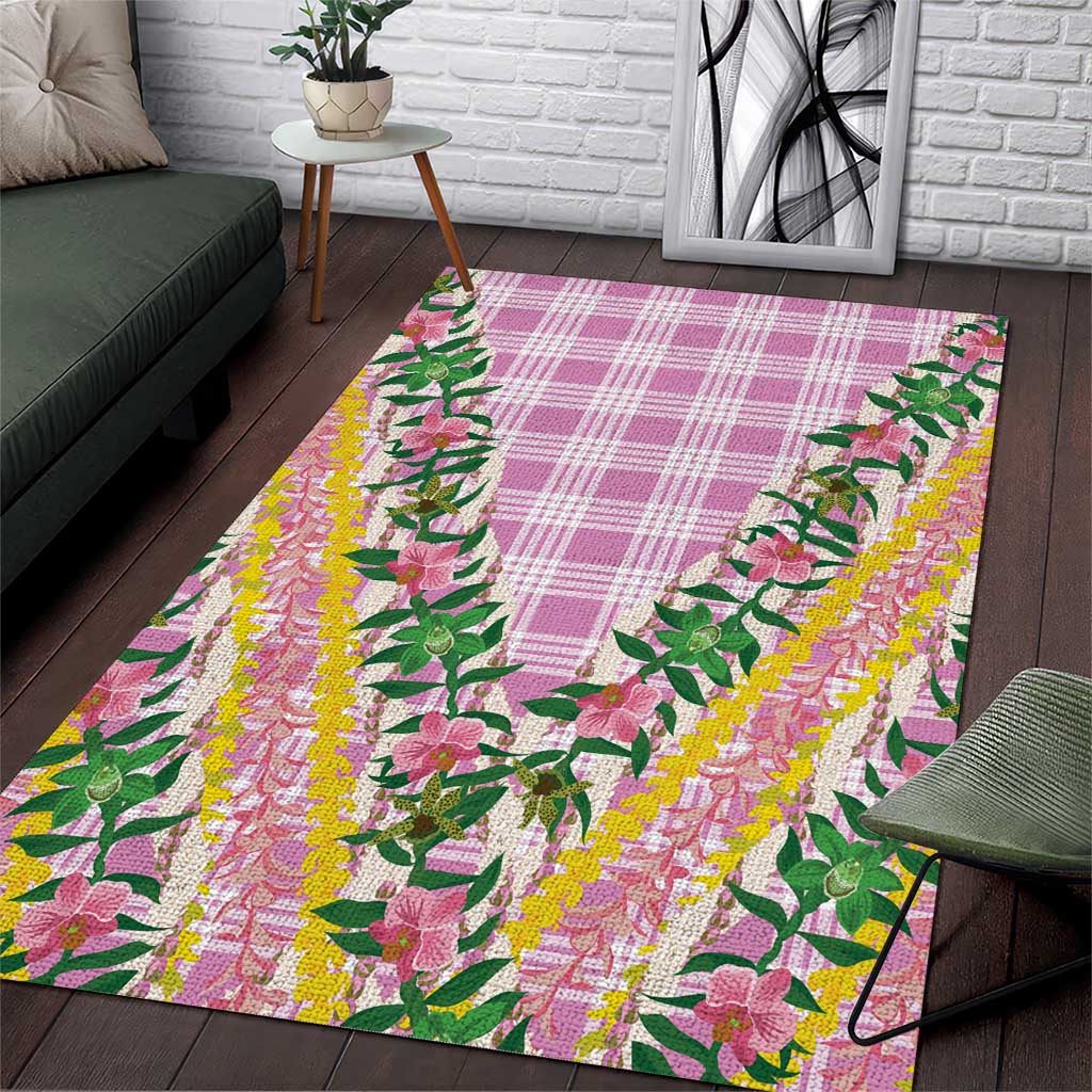Hawaii Pikake Lokelani Plumeria Lei Area Rug Pink Palaka Motifs