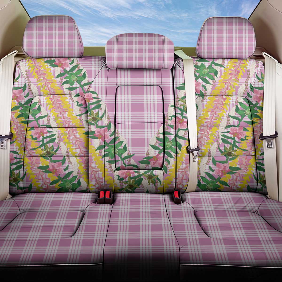 Hawaii Pikake Lokelani Plumeria Lei Back Car Seat Cover Pink Palaka Motifs