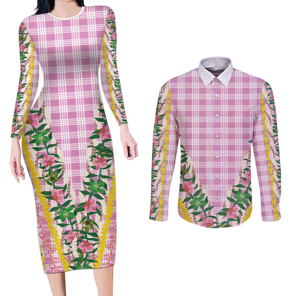 Hawaii Pikake Lokelani Plumeria Lei Couples Matching Long Sleeve Bodycon Dress and Long Sleeve Button Shirt Pink Palaka Motifs LT05 Pink - Polynesian Pride