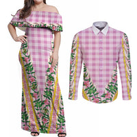 Hawaii Pikake Lokelani Plumeria Lei Couples Matching Off Shoulder Maxi Dress and Long Sleeve Button Shirt Pink Palaka Motifs