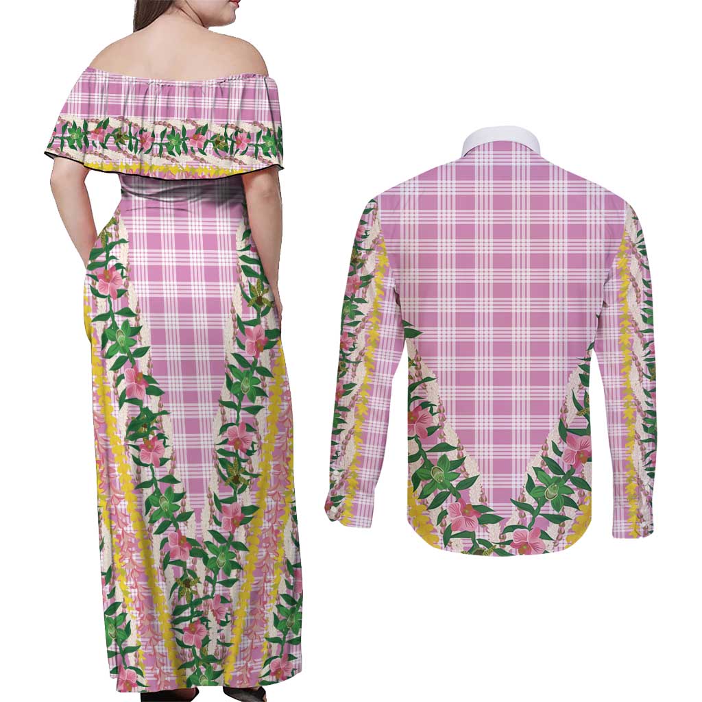 Hawaii Pikake Lokelani Plumeria Lei Couples Matching Off Shoulder Maxi Dress and Long Sleeve Button Shirt Pink Palaka Motifs