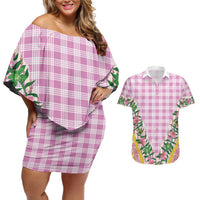 Hawaii Pikake Lokelani Plumeria Lei Couples Matching Off Shoulder Short Dress and Hawaiian Shirt Pink Palaka Motifs