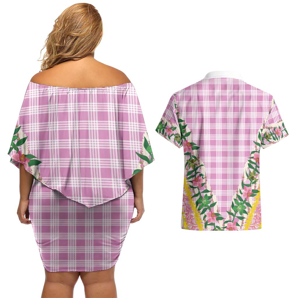Hawaii Pikake Lokelani Plumeria Lei Couples Matching Off Shoulder Short Dress and Hawaiian Shirt Pink Palaka Motifs