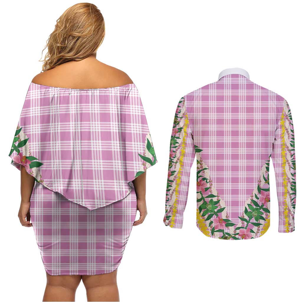 Hawaii Pikake Lokelani Plumeria Lei Couples Matching Off Shoulder Short Dress and Long Sleeve Button Shirt Pink Palaka Motifs
