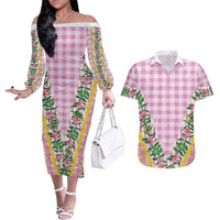 Hawaii Pikake Lokelani Plumeria Lei Couples Matching Off The Shoulder Long Sleeve Dress and Hawaiian Shirt Pink Palaka Motifs