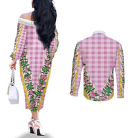 Hawaii Pikake Lokelani Plumeria Lei Couples Matching Off The Shoulder Long Sleeve Dress and Long Sleeve Button Shirt Pink Palaka Motifs