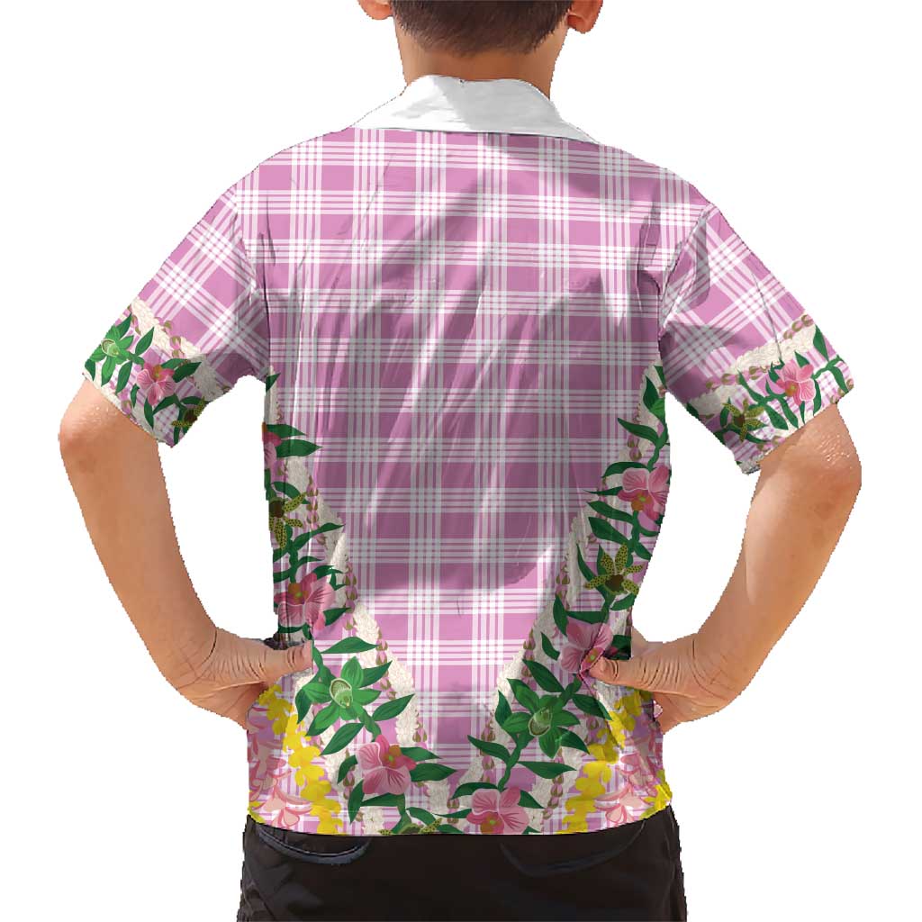 Hawaii Pikake Lokelani Plumeria Lei Family Matching Long Sleeve Bodycon Dress and Hawaiian Shirt Pink Palaka Motifs
