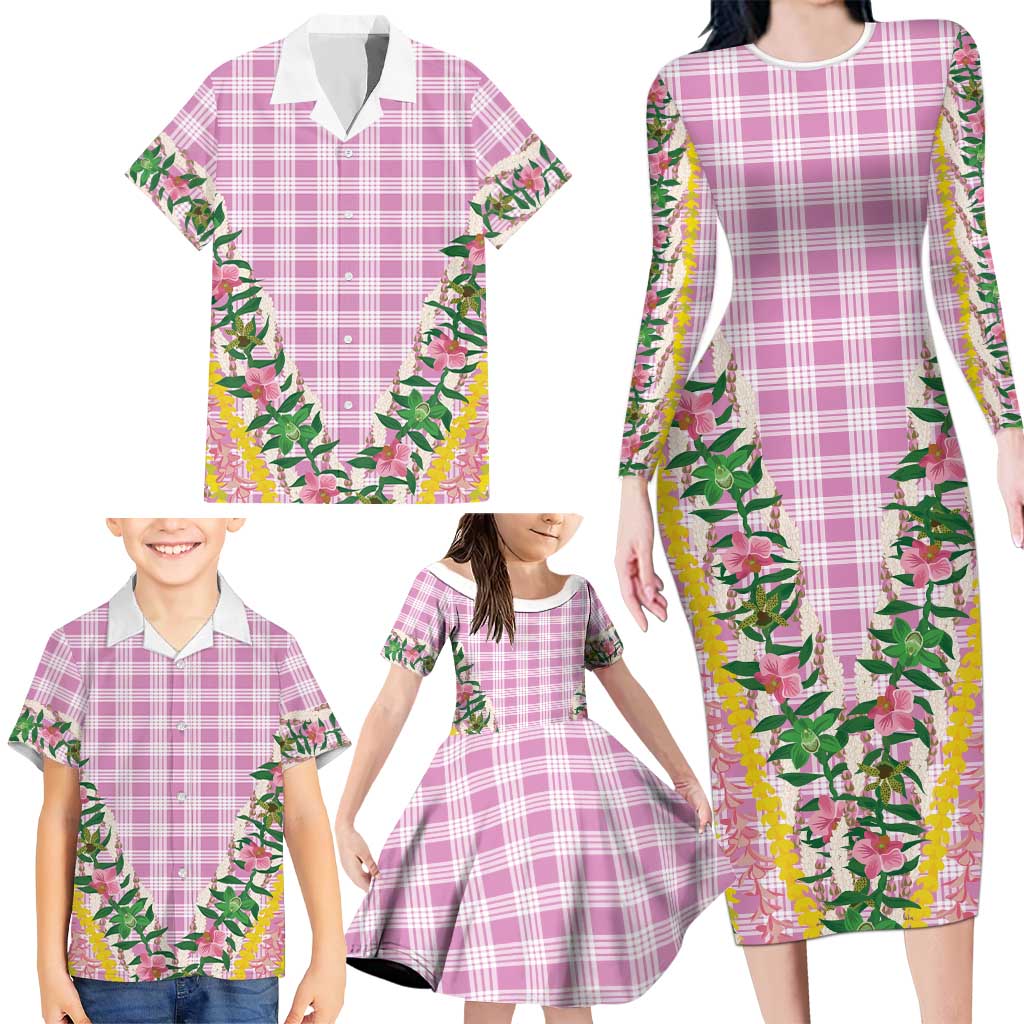 Hawaii Pikake Lokelani Plumeria Lei Family Matching Long Sleeve Bodycon Dress and Hawaiian Shirt Pink Palaka Motifs