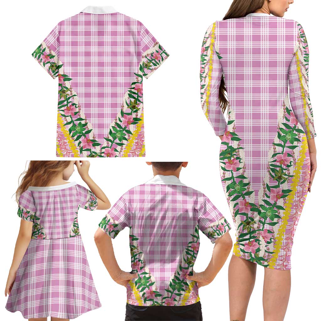 Hawaii Pikake Lokelani Plumeria Lei Family Matching Long Sleeve Bodycon Dress and Hawaiian Shirt Pink Palaka Motifs