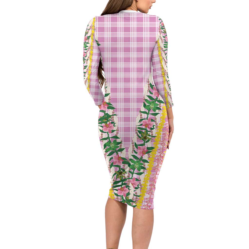 Hawaii Pikake Lokelani Plumeria Lei Family Matching Long Sleeve Bodycon Dress and Hawaiian Shirt Pink Palaka Motifs