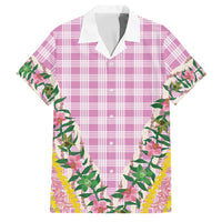 Hawaii Pikake Lokelani Plumeria Lei Family Matching Off The Shoulder Long Sleeve Dress and Hawaiian Shirt Pink Palaka Motifs