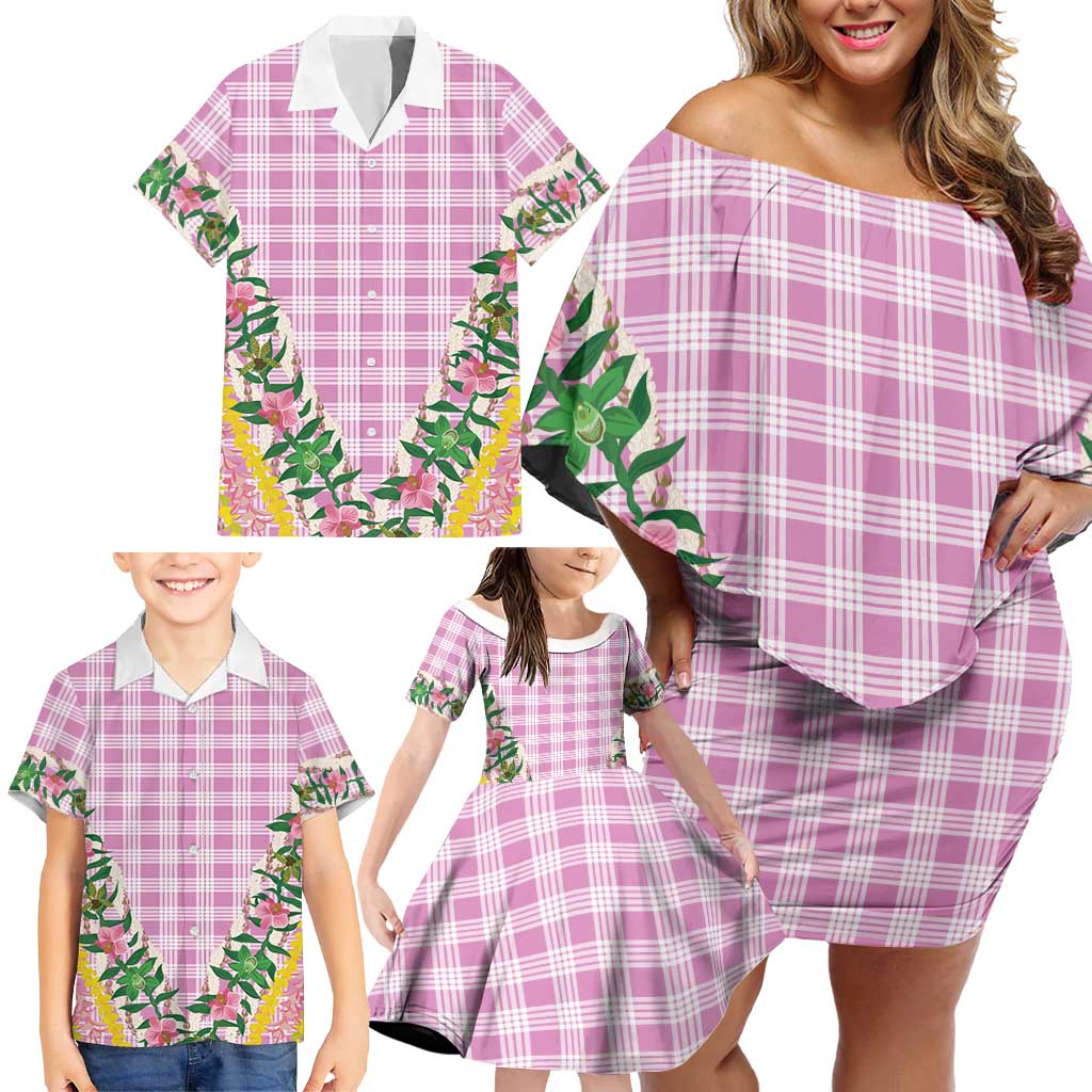 Hawaii Pikake Lokelani Plumeria Lei Family Matching Off Shoulder Short Dress and Hawaiian Shirt Pink Palaka Motifs