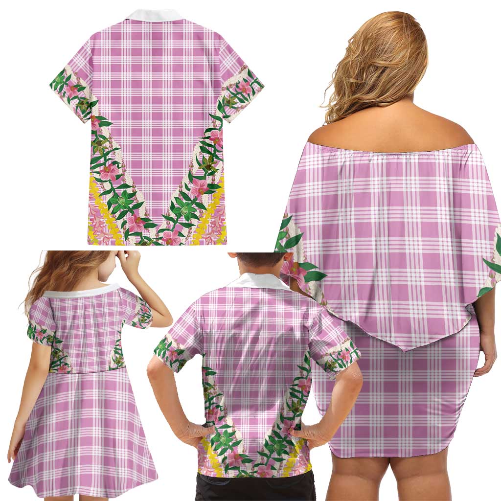 Hawaii Pikake Lokelani Plumeria Lei Family Matching Off Shoulder Short Dress and Hawaiian Shirt Pink Palaka Motifs