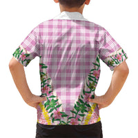 Hawaii Pikake Lokelani Plumeria Lei Family Matching Short Sleeve Bodycon Dress and Hawaiian Shirt Pink Palaka Motifs