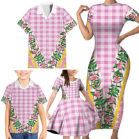 Hawaii Pikake Lokelani Plumeria Lei Family Matching Short Sleeve Bodycon Dress and Hawaiian Shirt Pink Palaka Motifs