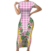 Hawaii Pikake Lokelani Plumeria Lei Family Matching Short Sleeve Bodycon Dress and Hawaiian Shirt Pink Palaka Motifs