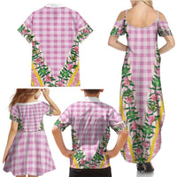 Hawaii Pikake Lokelani Plumeria Lei Family Matching Summer Maxi Dress and Hawaiian Shirt Pink Palaka Motifs