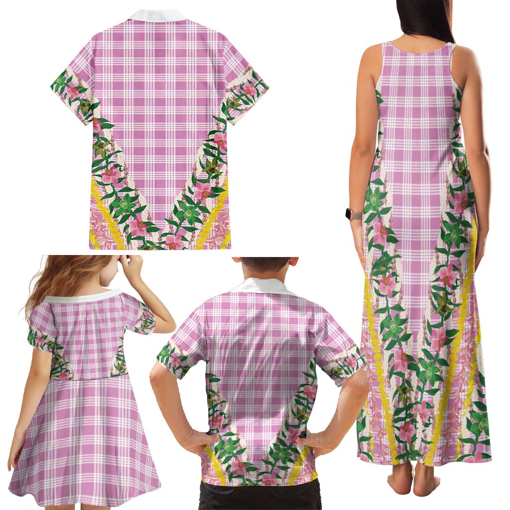 Hawaii Pikake Lokelani Plumeria Lei Family Matching Tank Maxi Dress and Hawaiian Shirt Pink Palaka Motifs