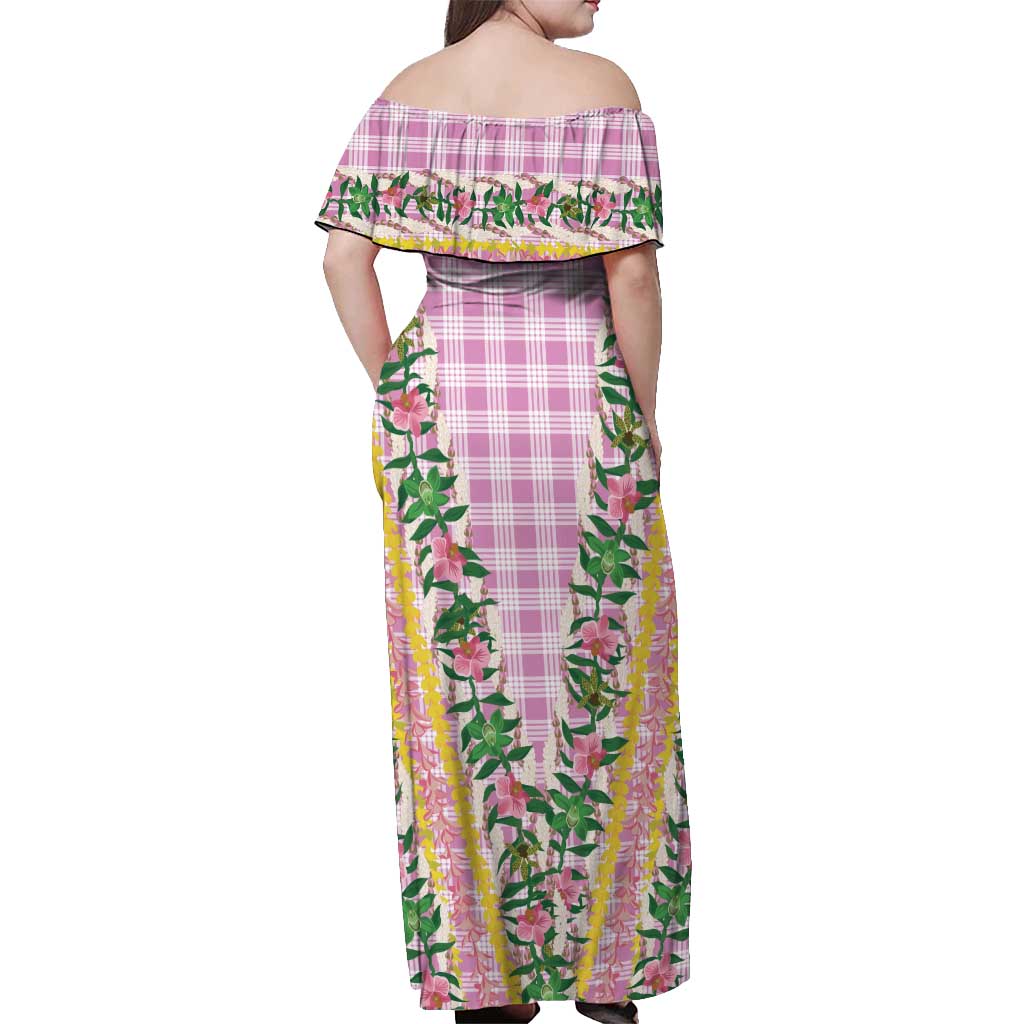 Hawaii Pikake Lokelani Plumeria Lei Off Shoulder Maxi Dress Pink Palaka Motifs