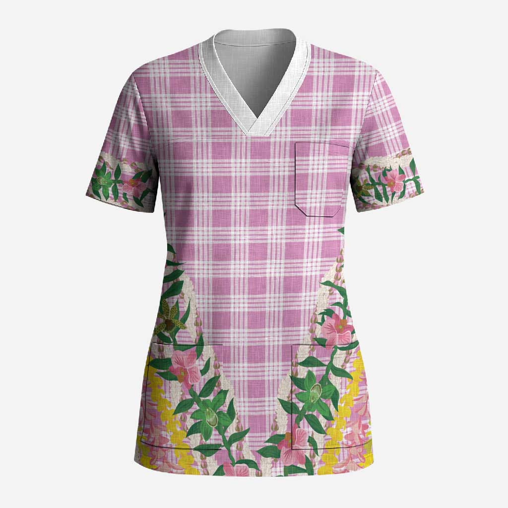 Hawaii Pikake Lokelani Plumeria Lei Scrub Top Pink Palaka Motifs LT05 Adult Pink - Polynesian Pride