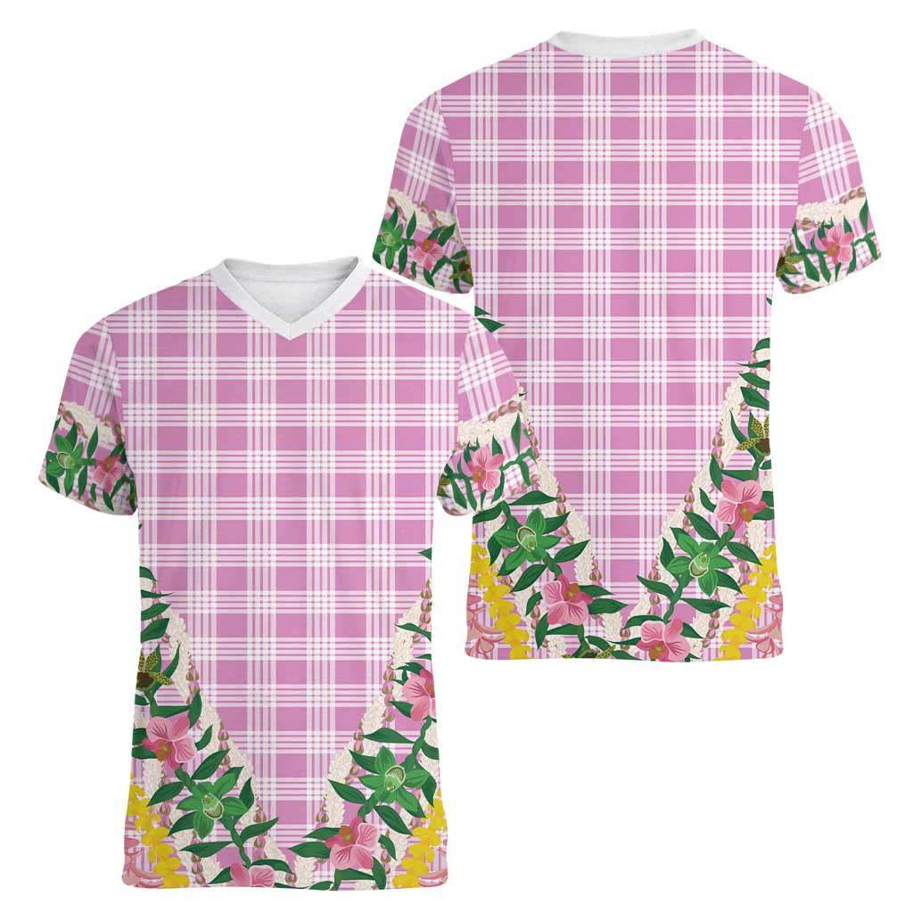 Hawaii Pikake Lokelani Plumeria Lei Women V-Neck T-Shirt Pink Palaka Motifs