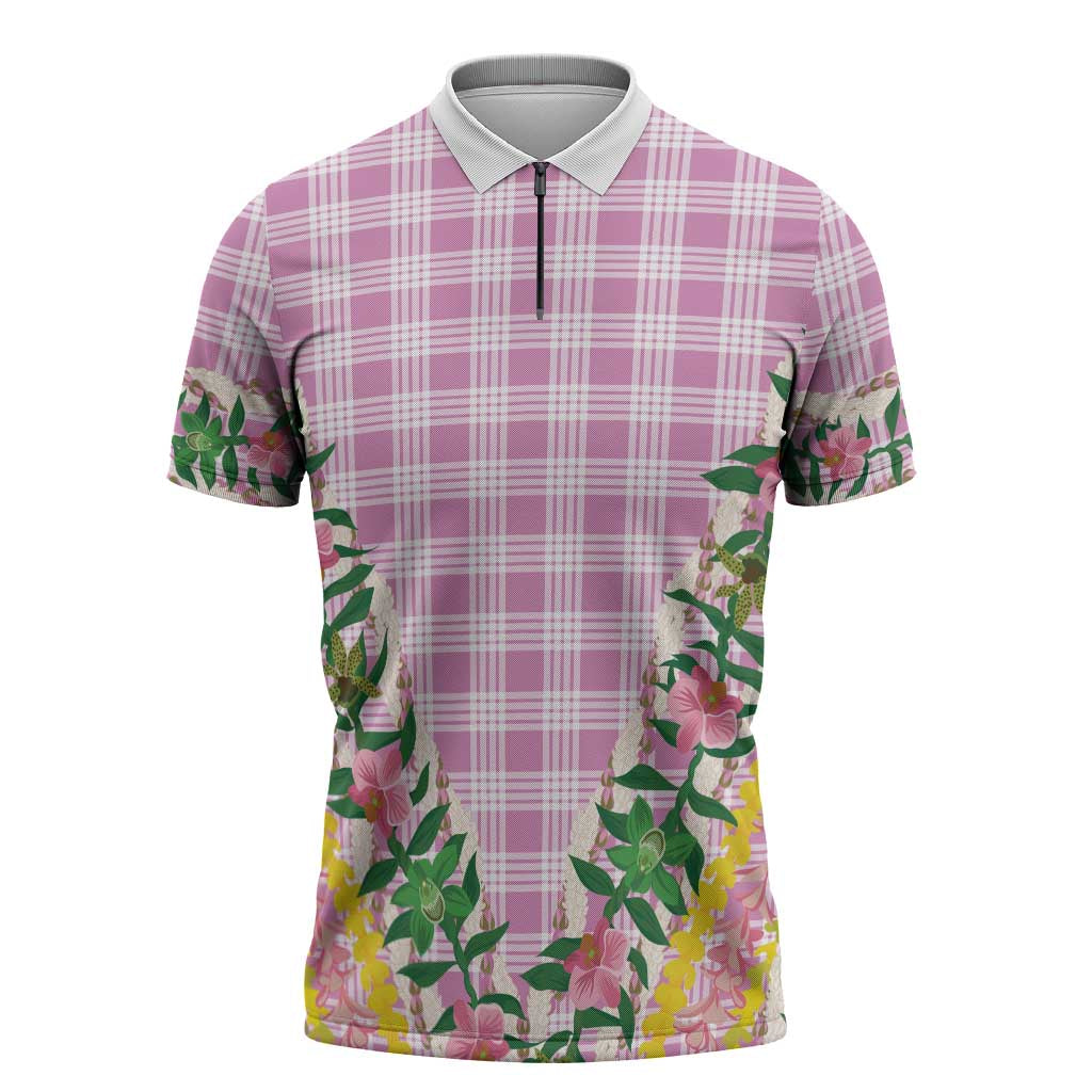 Hawaii Pikake Lokelani Plumeria Lei Zipper Polo Shirt Pink Palaka Motifs