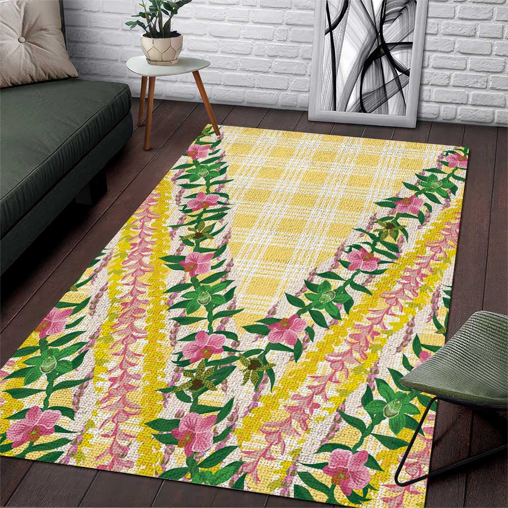 Hawaii Pikake Lokelani Plumeria Lei Area Rug Yellow Palaka Motifs