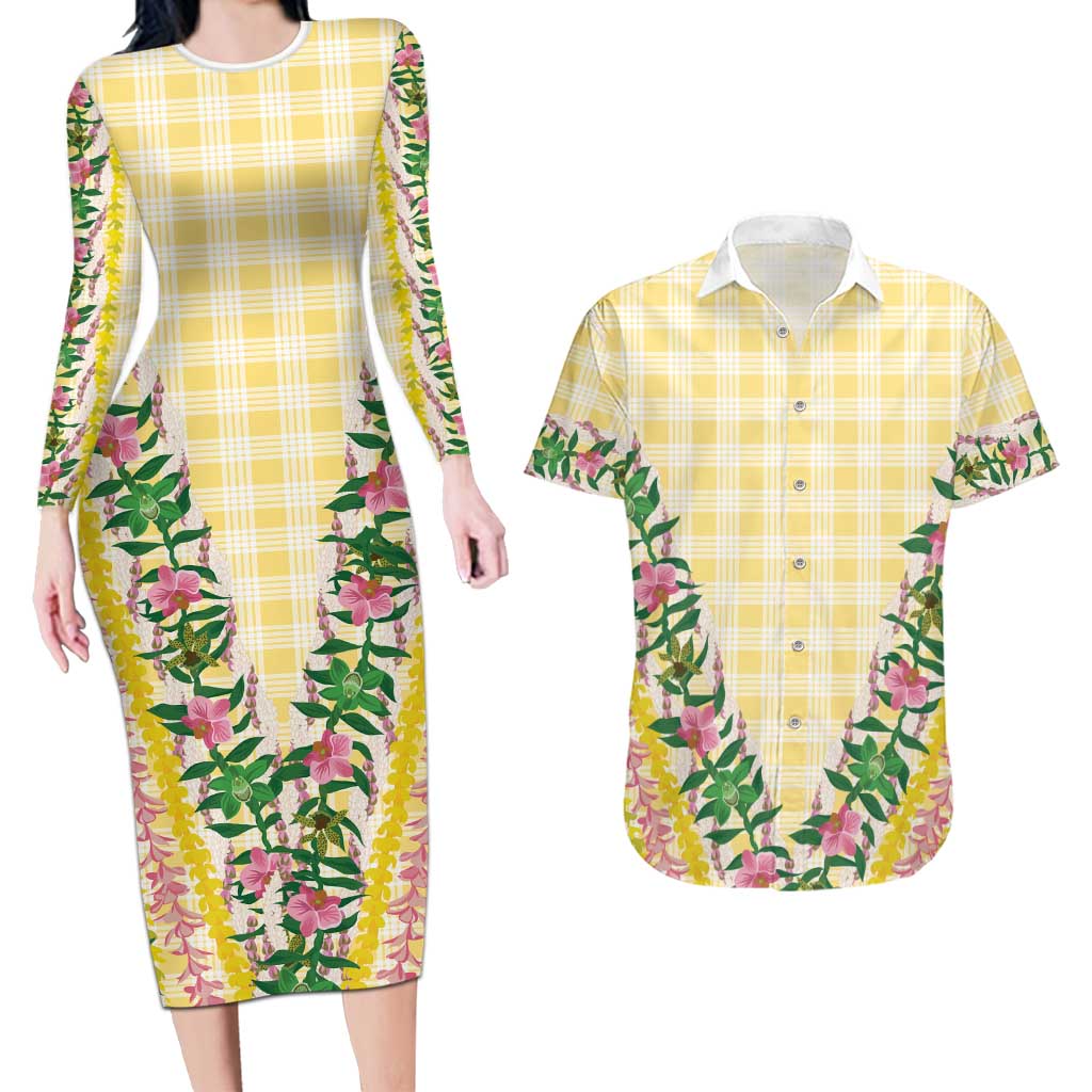 Hawaii Pikake Lokelani Plumeria Lei Couples Matching Long Sleeve Bodycon Dress and Hawaiian Shirt Yellow Palaka Motifs