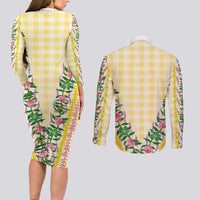 Hawaii Pikake Lokelani Plumeria Lei Couples Matching Long Sleeve Bodycon Dress and Long Sleeve Button Shirt Yellow Palaka Motifs