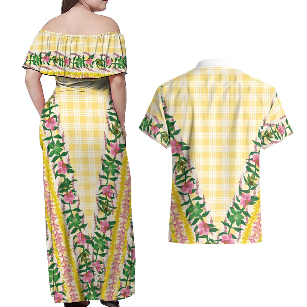 Hawaii Pikake Lokelani Plumeria Lei Couples Matching Off Shoulder Maxi Dress and Hawaiian Shirt Yellow Palaka Motifs