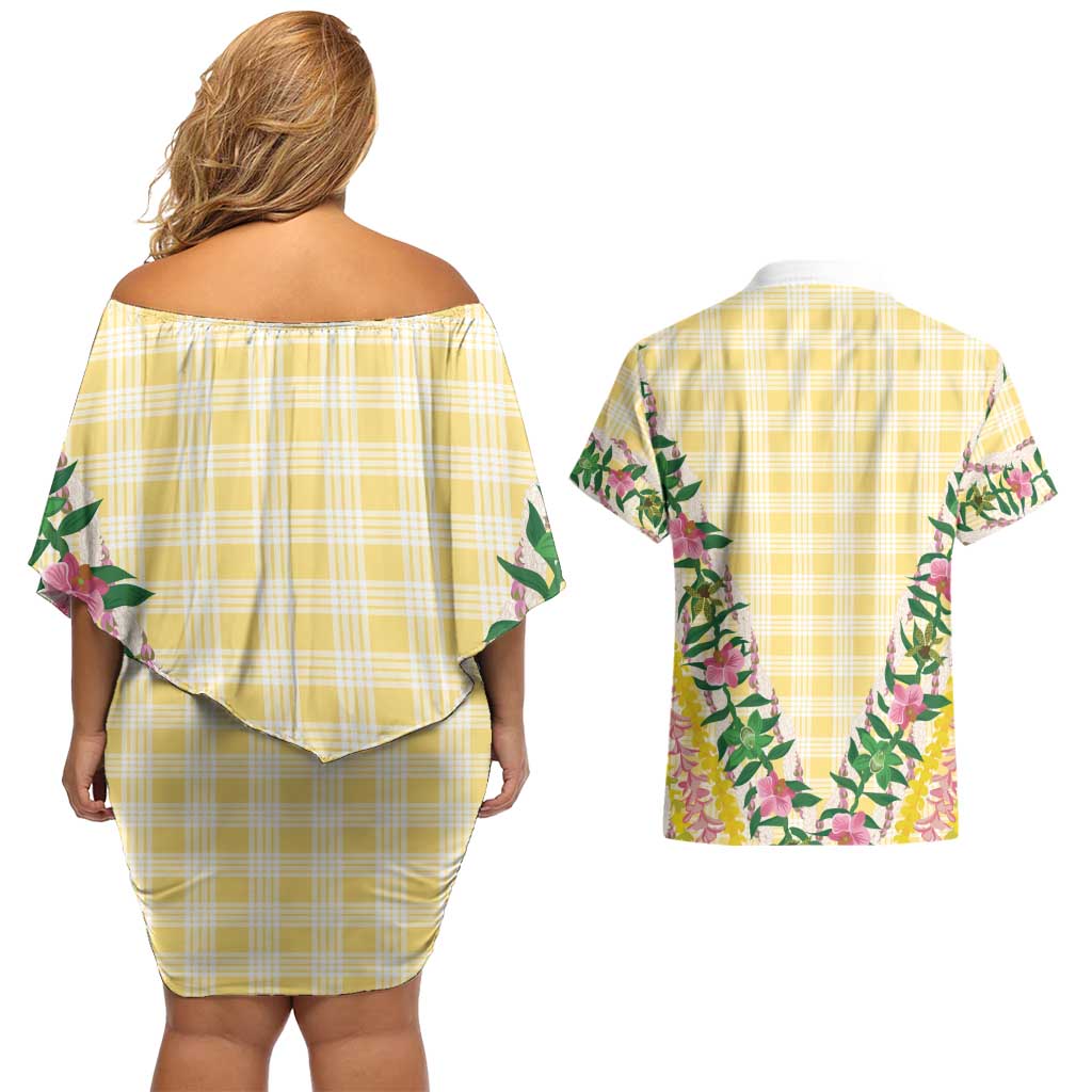 Hawaii Pikake Lokelani Plumeria Lei Couples Matching Off Shoulder Short Dress and Hawaiian Shirt Yellow Palaka Motifs