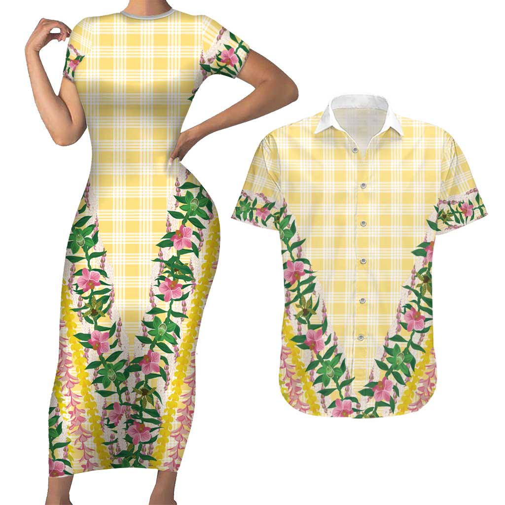Hawaii Pikake Lokelani Plumeria Lei Couples Matching Short Sleeve Bodycon Dress and Hawaiian Shirt Yellow Palaka Motifs