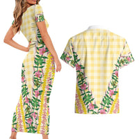 Hawaii Pikake Lokelani Plumeria Lei Couples Matching Short Sleeve Bodycon Dress and Hawaiian Shirt Yellow Palaka Motifs