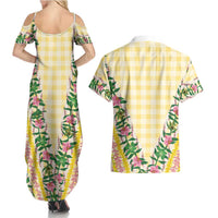 Hawaii Pikake Lokelani Plumeria Lei Couples Matching Summer Maxi Dress and Hawaiian Shirt Yellow Palaka Motifs