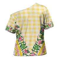 Hawaii Pikake Lokelani Plumeria Lei Cross Shoulder Shirt Yellow Palaka Motifs