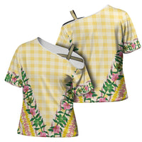 Hawaii Pikake Lokelani Plumeria Lei Cross Shoulder Shirt Yellow Palaka Motifs
