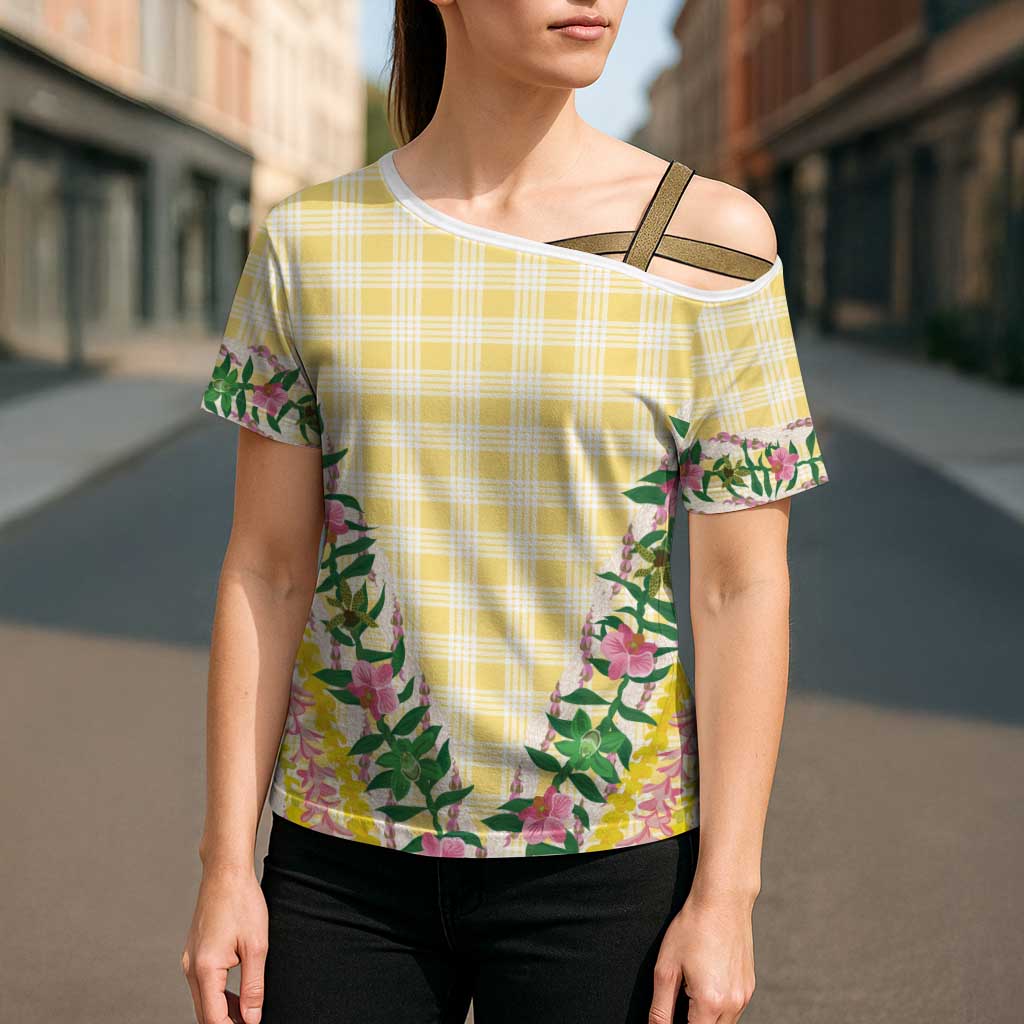 Hawaii Pikake Lokelani Plumeria Lei Cross Shoulder Shirt Yellow Palaka Motifs