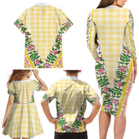 Hawaii Pikake Lokelani Plumeria Lei Family Matching Long Sleeve Bodycon Dress and Hawaiian Shirt Yellow Palaka Motifs